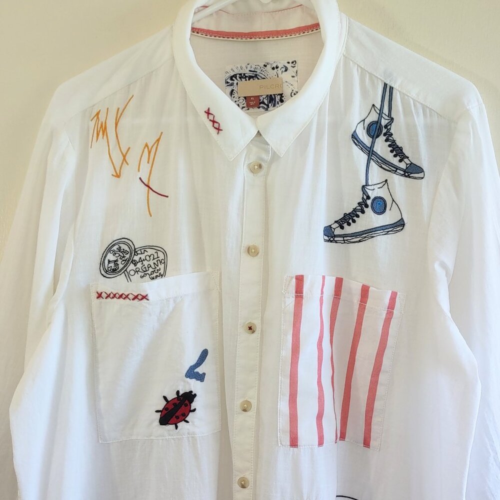 Anthropologie Pilcro Embroidered White Classic Shirt Retro Art Whimsy Size XL - Picture 9 of 16